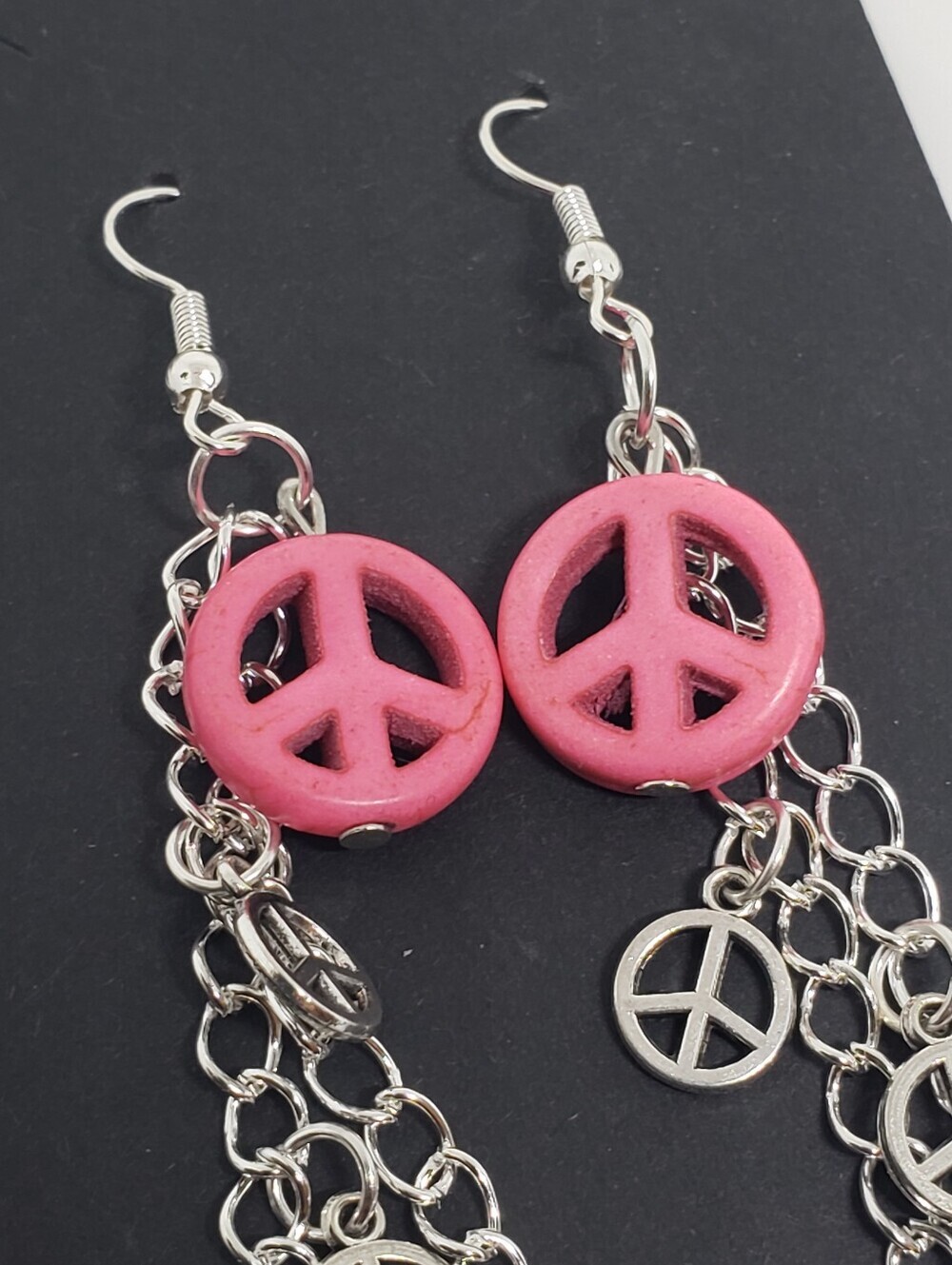 Handmade Pink Silver Metal Peace Chain Dangle Earrings - Picture 2 of 2